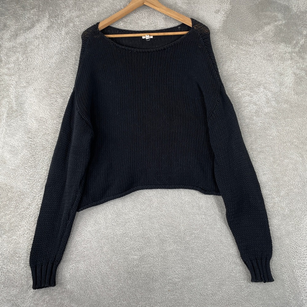 Aerie Sweater Womens Small Black Cropped Shaker Knit Relaxed Boho Pullover